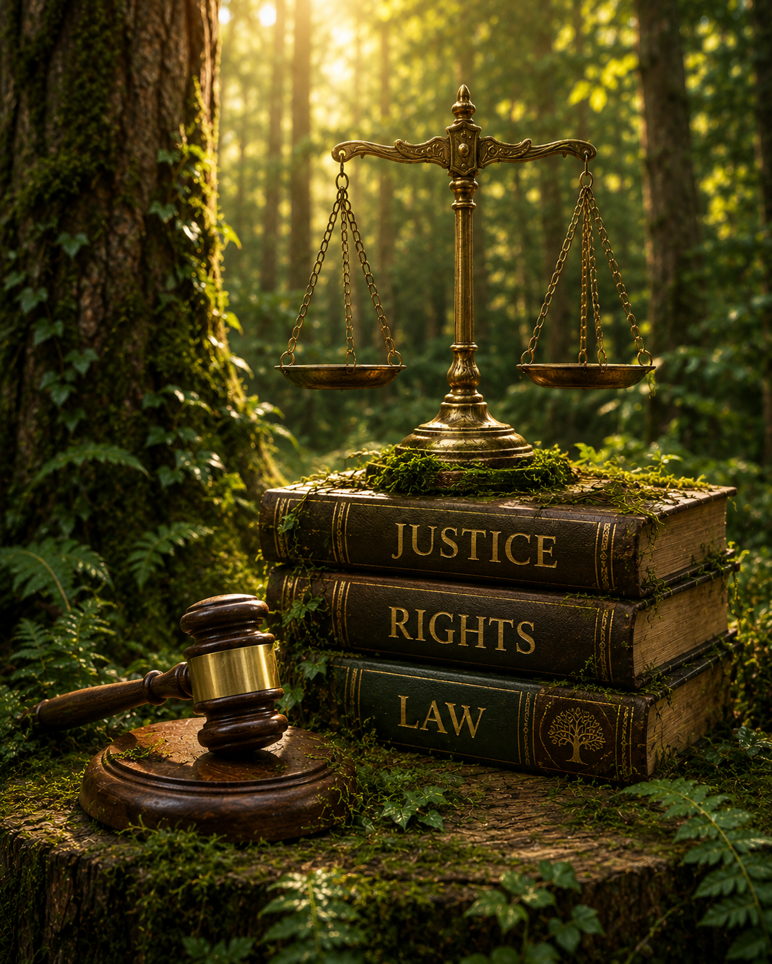 3 books labeled: Justice, Rights, Law sitting on a stump in the forest with a gavel next to it.