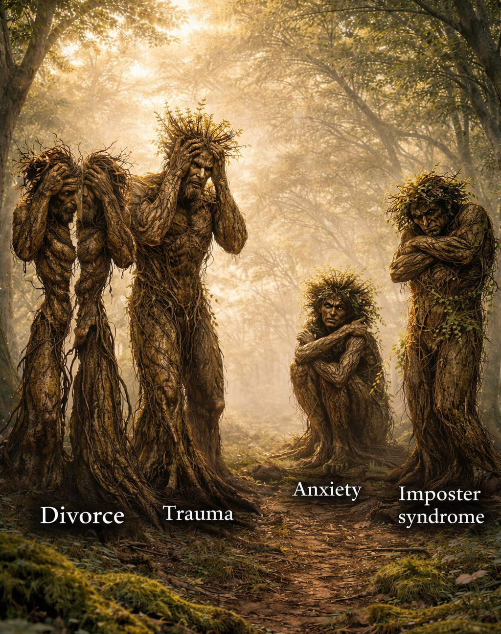 4 tree spirits in the forest with sunlight filtering in the background. 1 tree spirit split into 2 labeled divorce, 1 holding head while standing labeled trauma, 1 squatting labeled anxiety, and 1 with arms folded across chest, labeled Imposter syndrome.